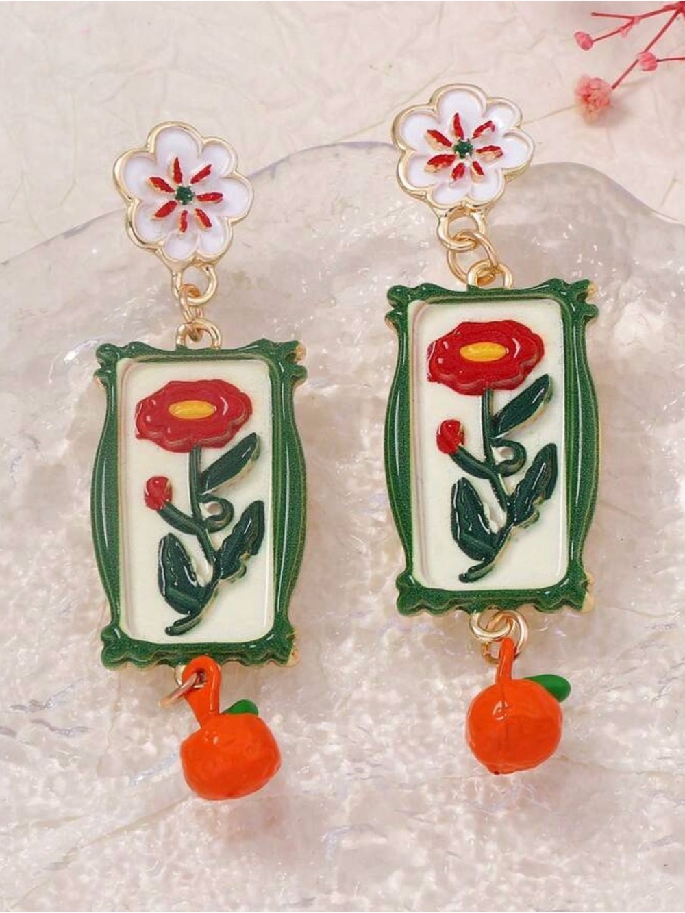 Vintage Floral Drop Earrings in Green, Red and Orange